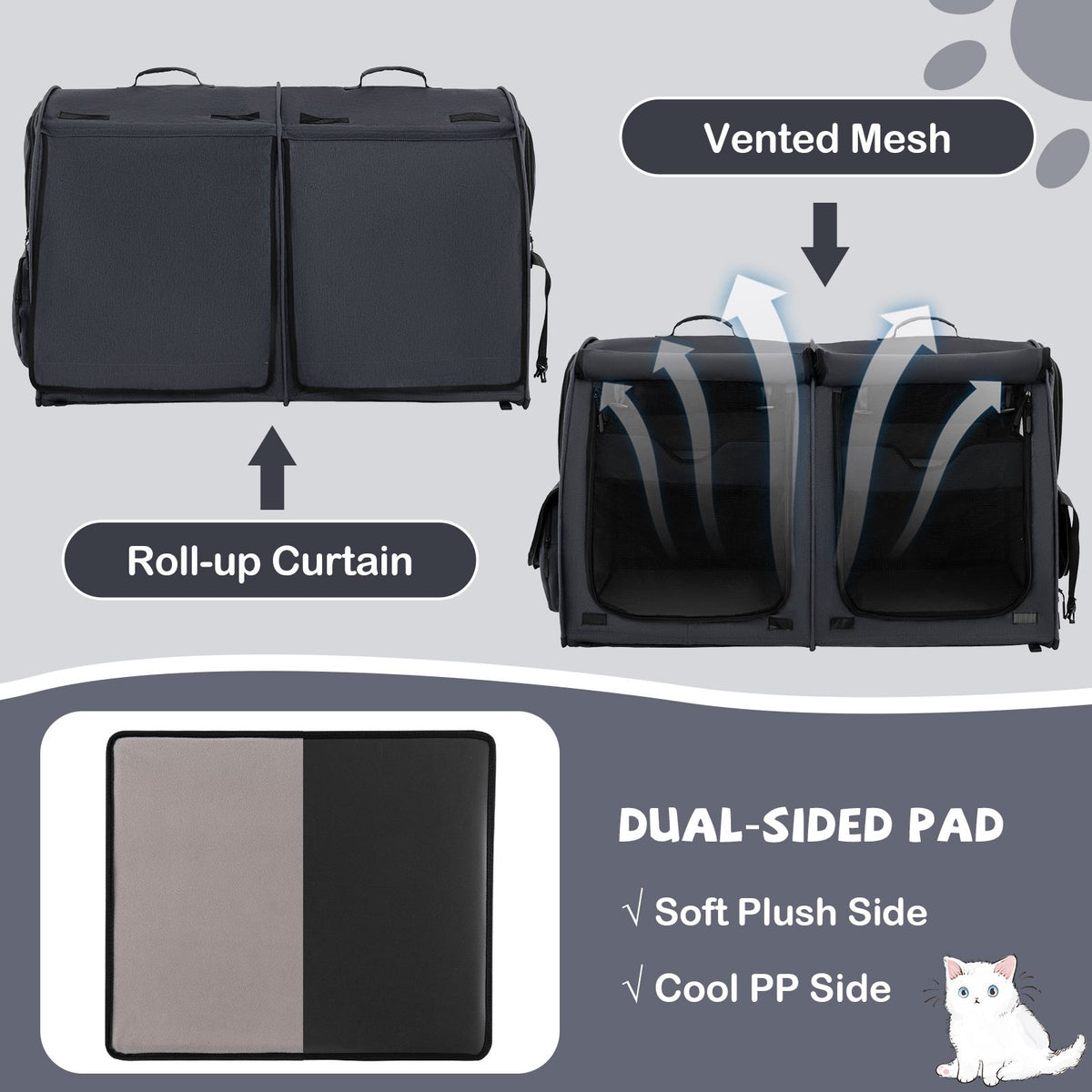 2 Compartments Pet Travel Carriers with Removable Hammocks and Mats
