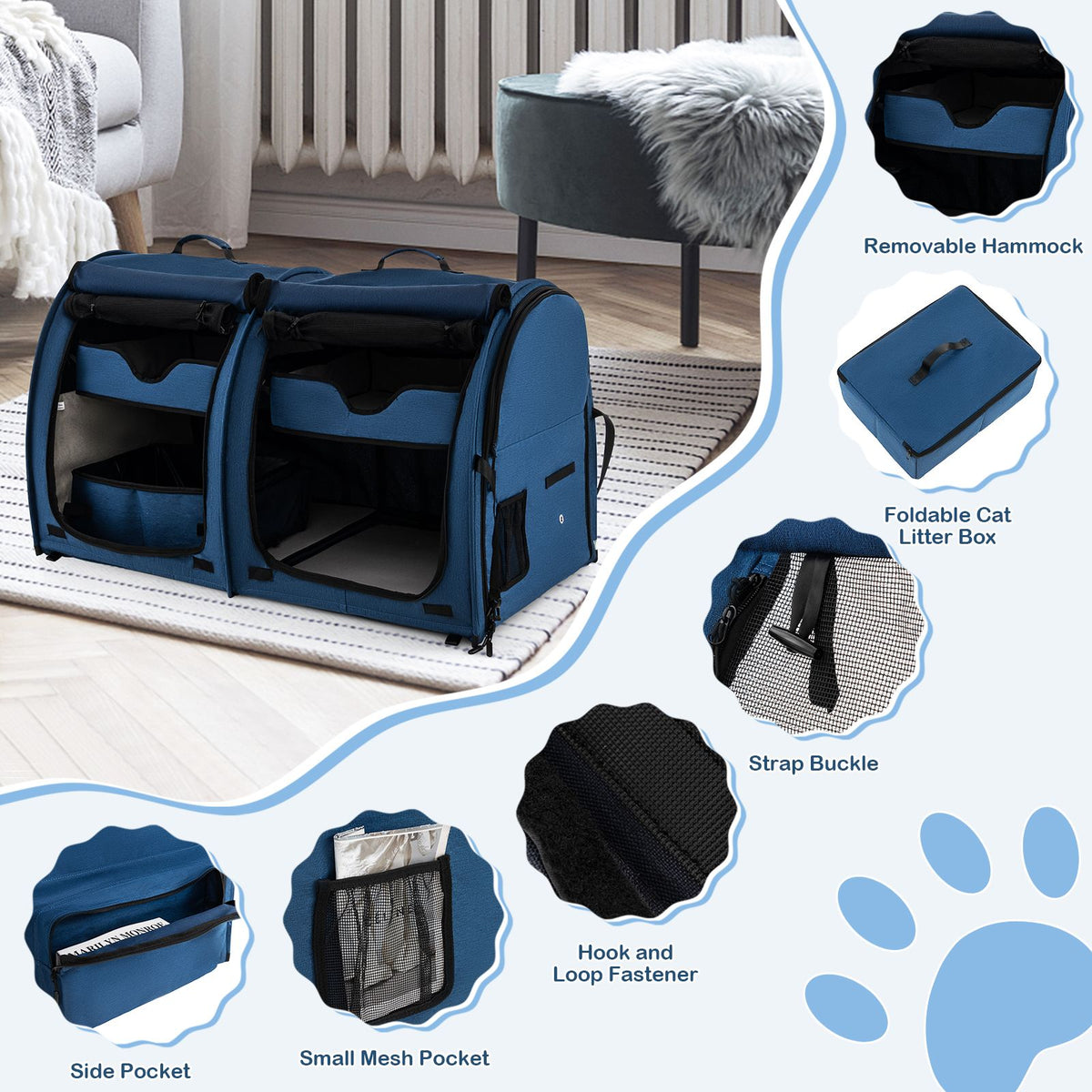 2 Compartments Pet Travel Carriers with Removable Hammocks and Mats