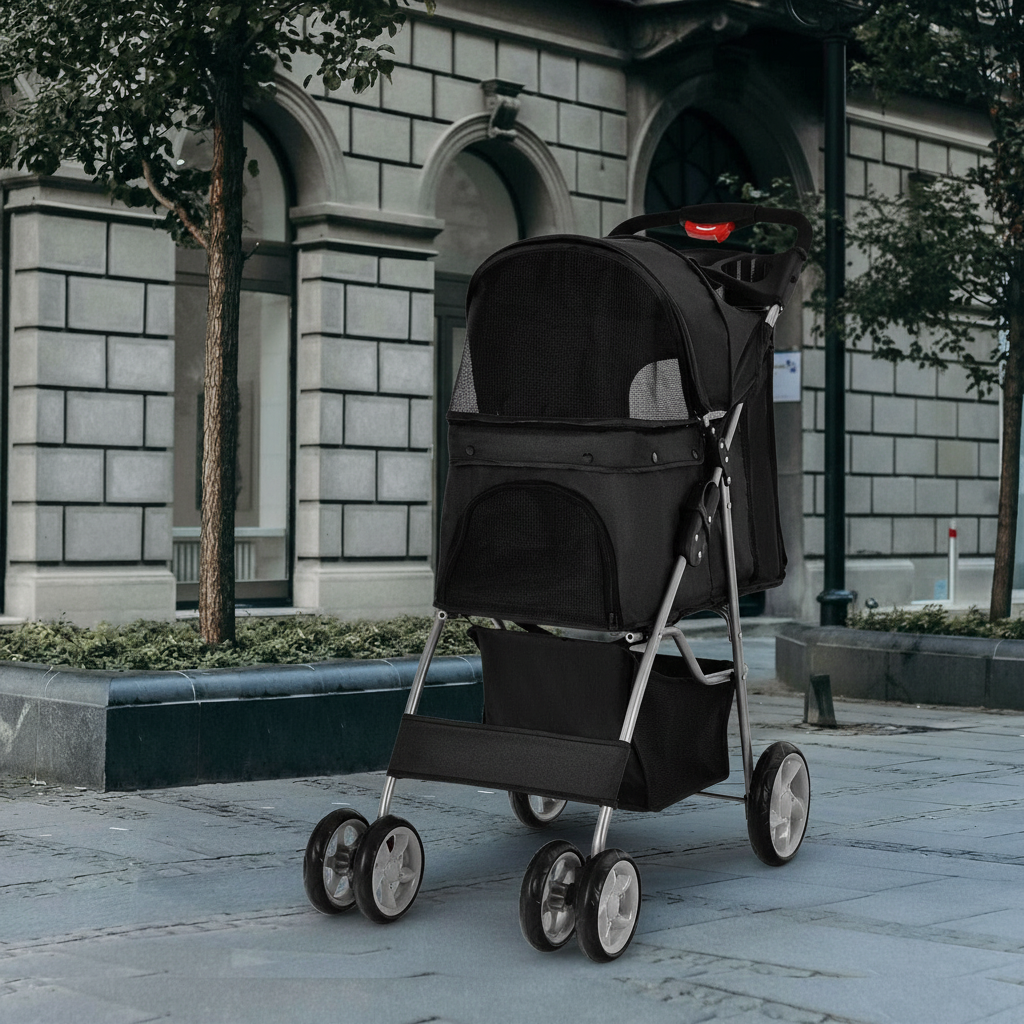 4-Wheel Folding Pet Stroller with Storage Compartment and Adjustable Canopy